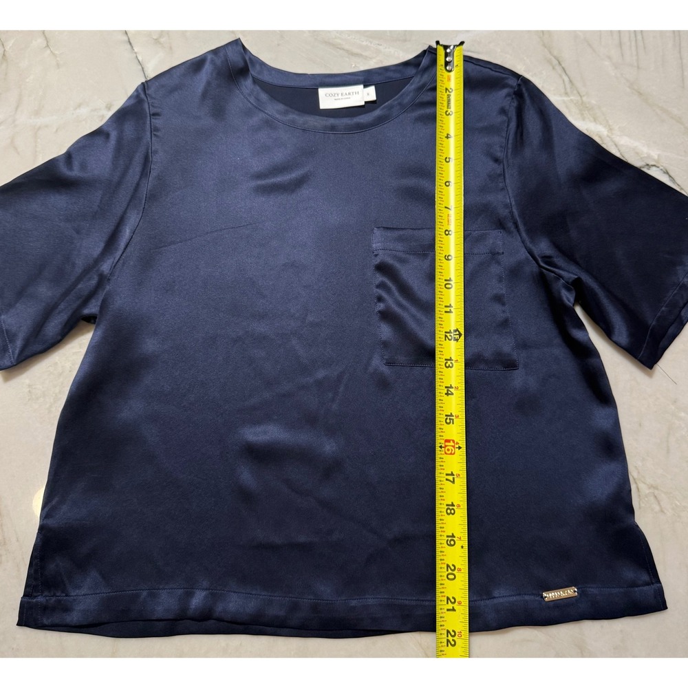 Cozy Earth Womens Navy Blue 100% Silk Satin Short‎ Sleeve Pocket Tee Top Small - Picture 9 of 10